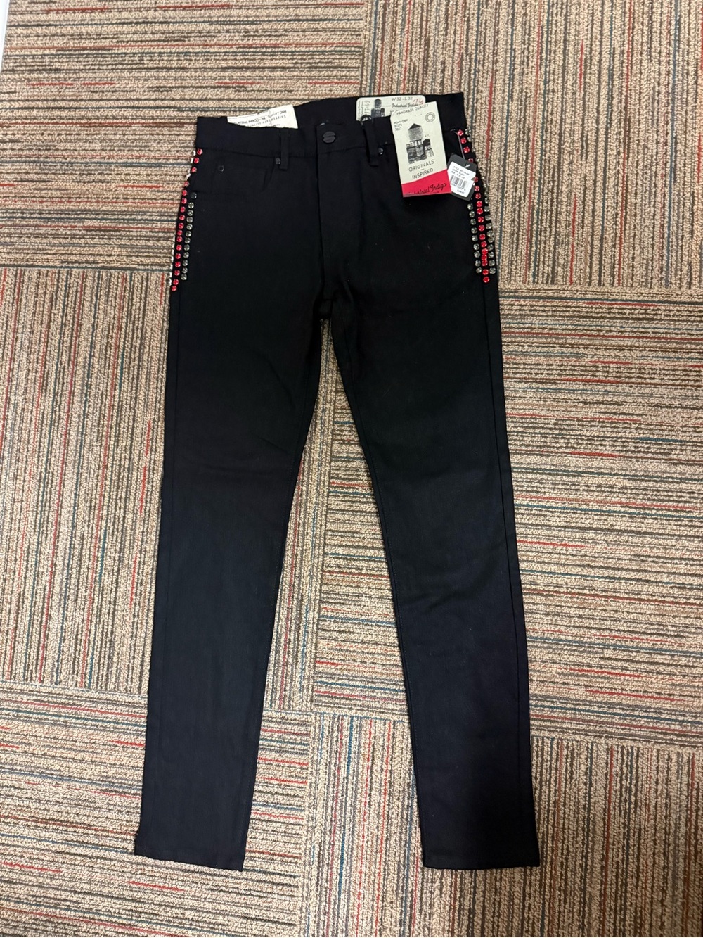 Black Skinny Men’s Jeans with Red Stud Trim